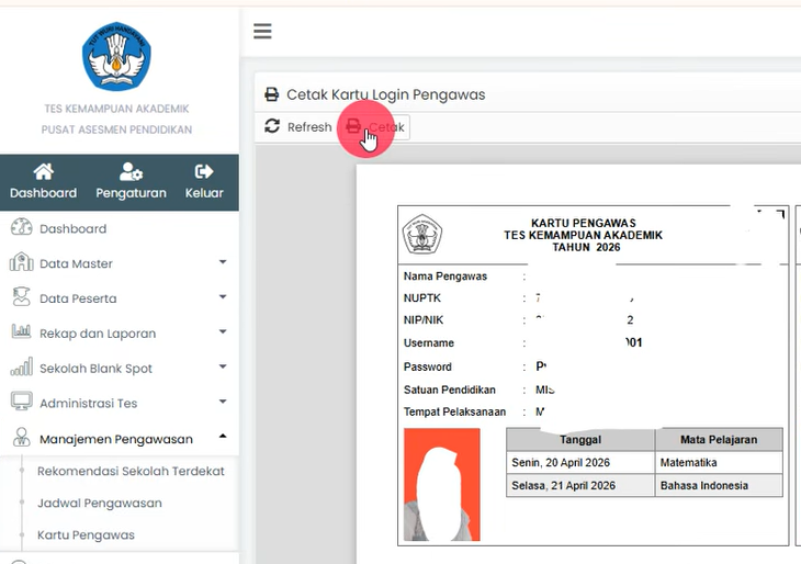 Cara Cetak Kartu Pengawas TKA Terbaru 2026 Ini Solusi Kartu Blank atau Kosong